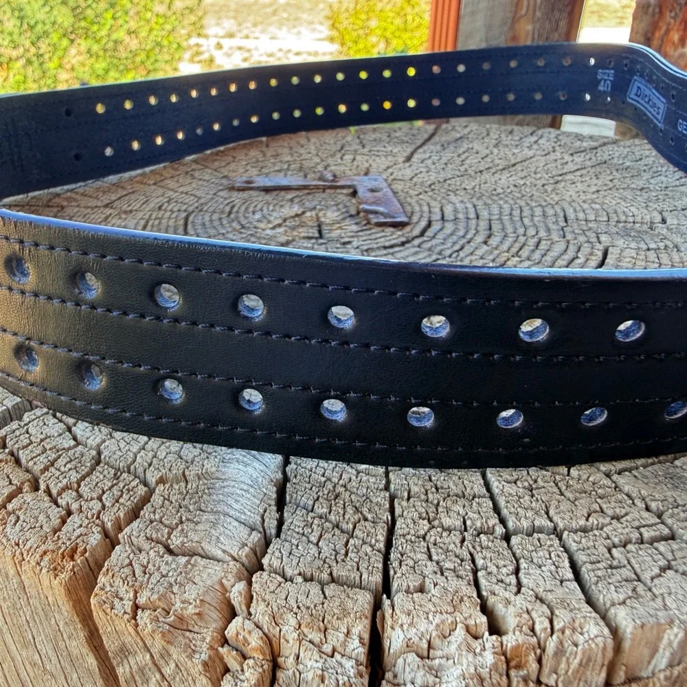 Y2K Dickies Genuine Leather Black Perforated Belt Size 40 Silver Buckle